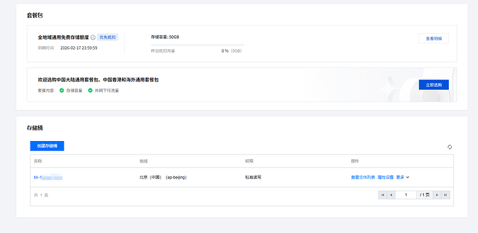 This image shows the management interface of a cloud storage service, including package information and storage bucket details. (AI-generated title)