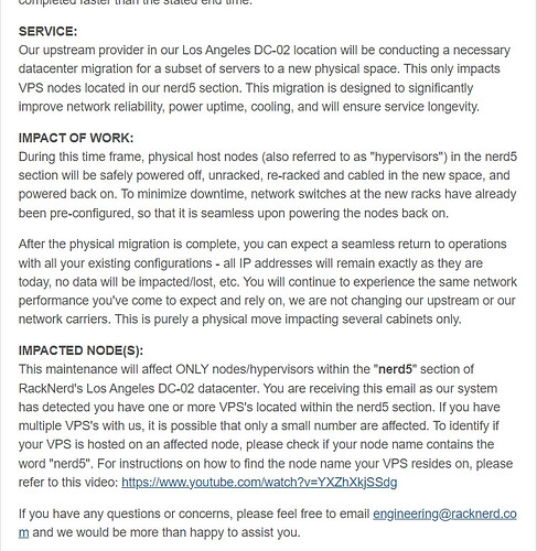This is a notification about RackNerd's physical server migration at the Los Angeles DC-02 data center, highlighting the impact on the "nerd5" segment and service recovery after project completion. (Captioned by AI)